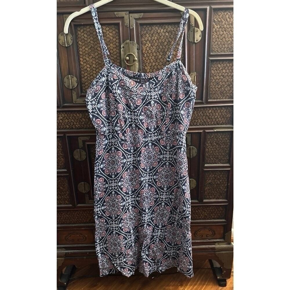 Sundress Short Blue Multicolor Medallion‎ Print Adjustable Straps Elastic Back L